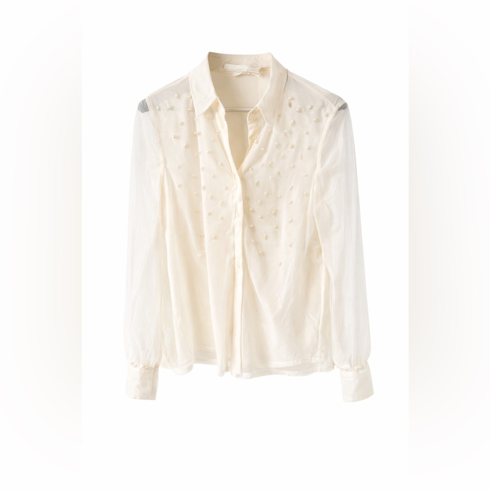 Ultra Pink Cream Sheer Blouse with Pearl Accents